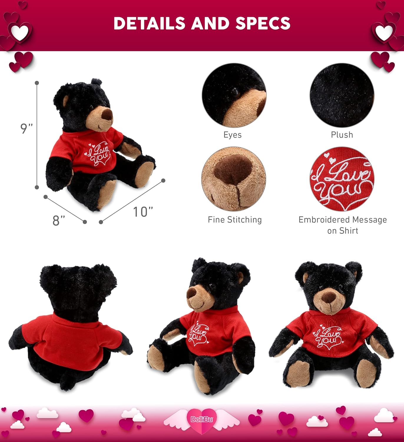 DolliBu I Love You Valentine Black Bear Plush - 10 Inches