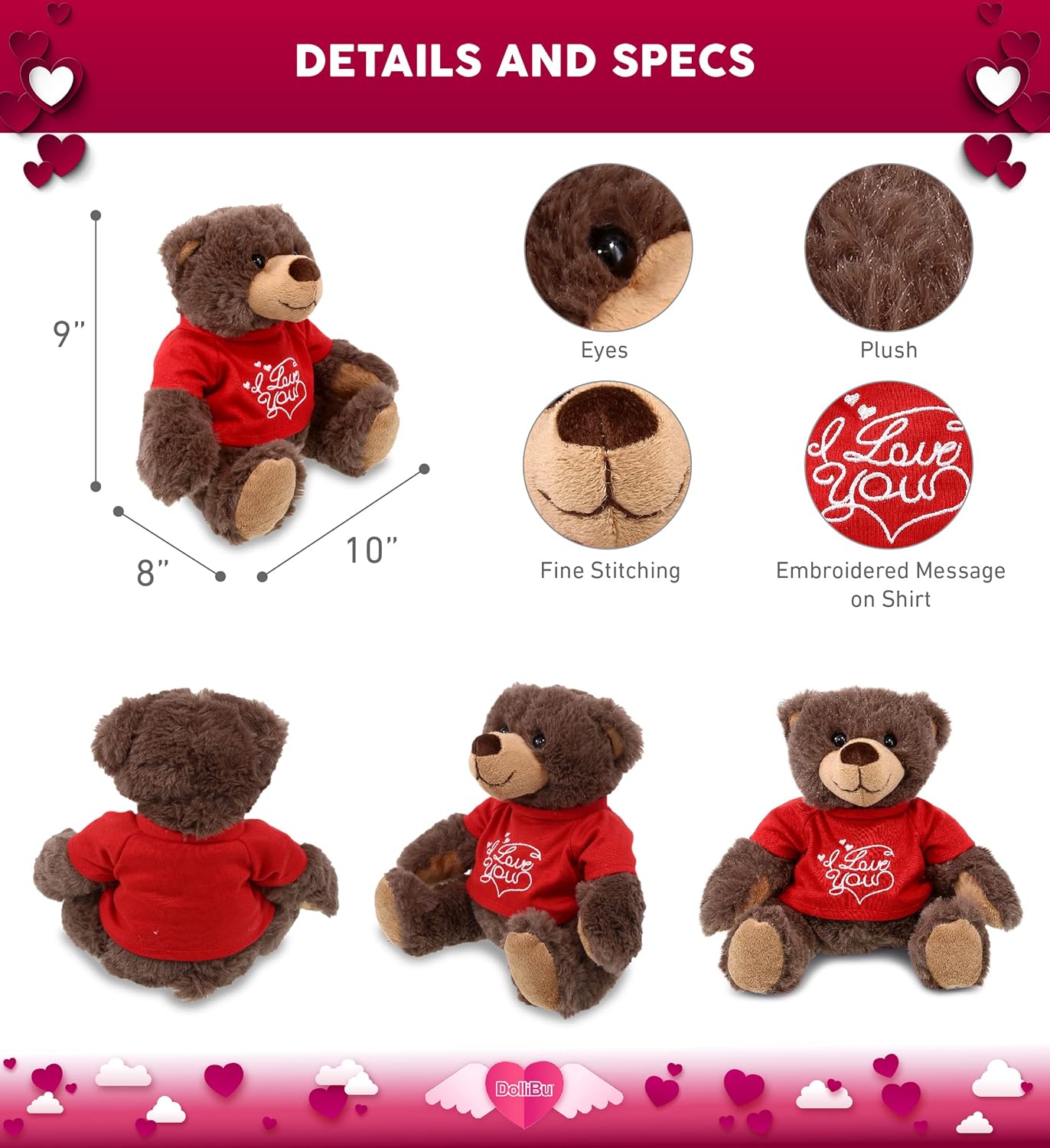 DolliBu I Love You Brown Bear Plush - 10 Inches 1