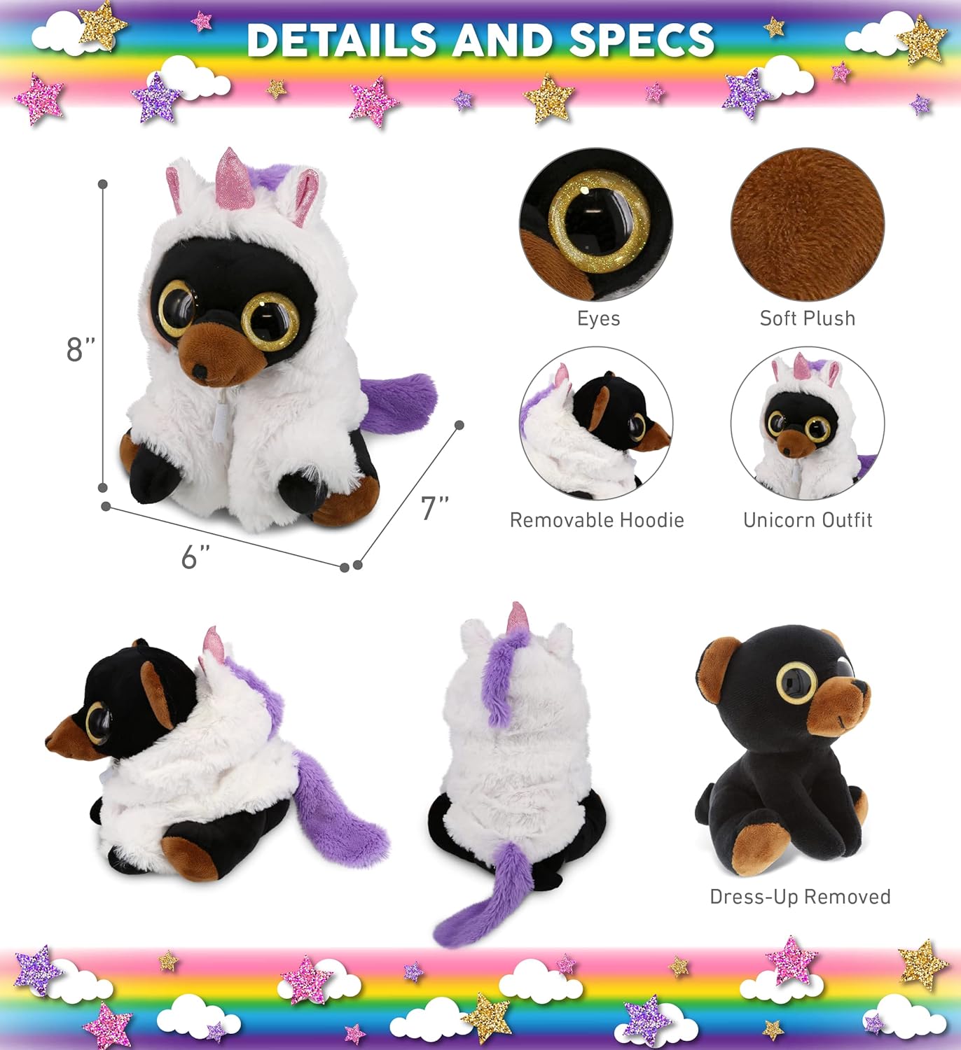 DolliBu Black Bear Unicorn Plush - 8 Inches Name Personalized