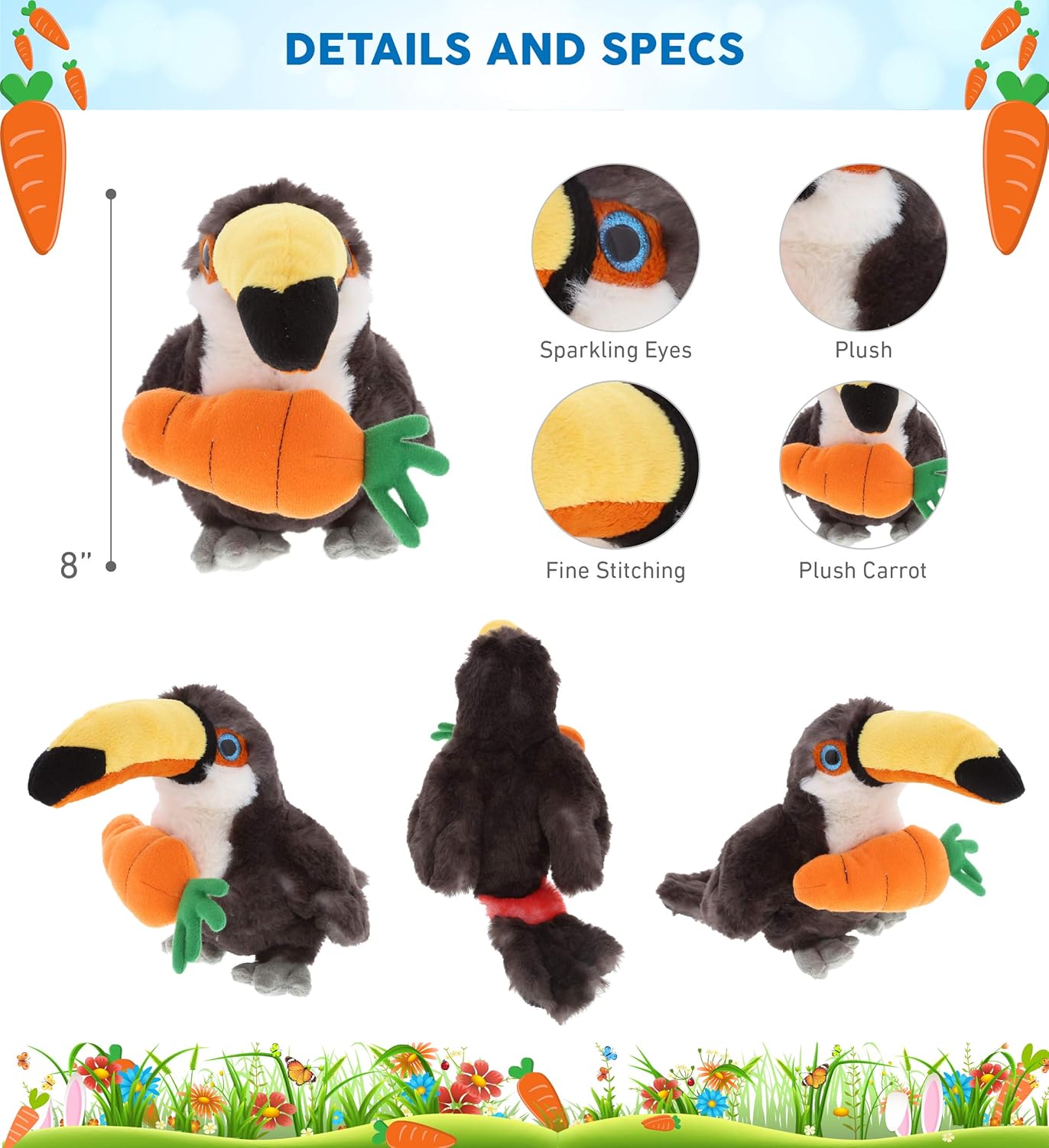 DolliBu Happy Easter Plush Toucan with Carrot - 8 Inch Stuffed Animal