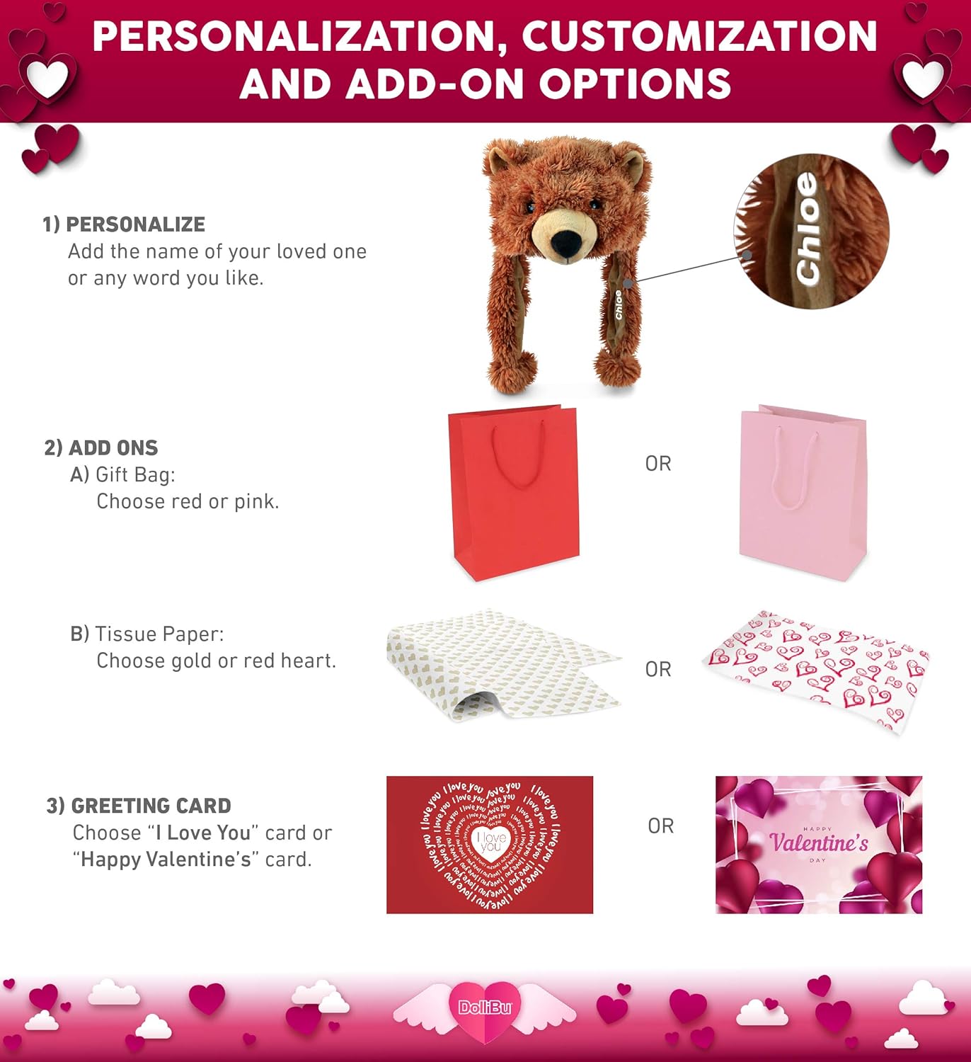 DolliBu I Love You Valentine Grizzly Bear Hat - 16 Inches