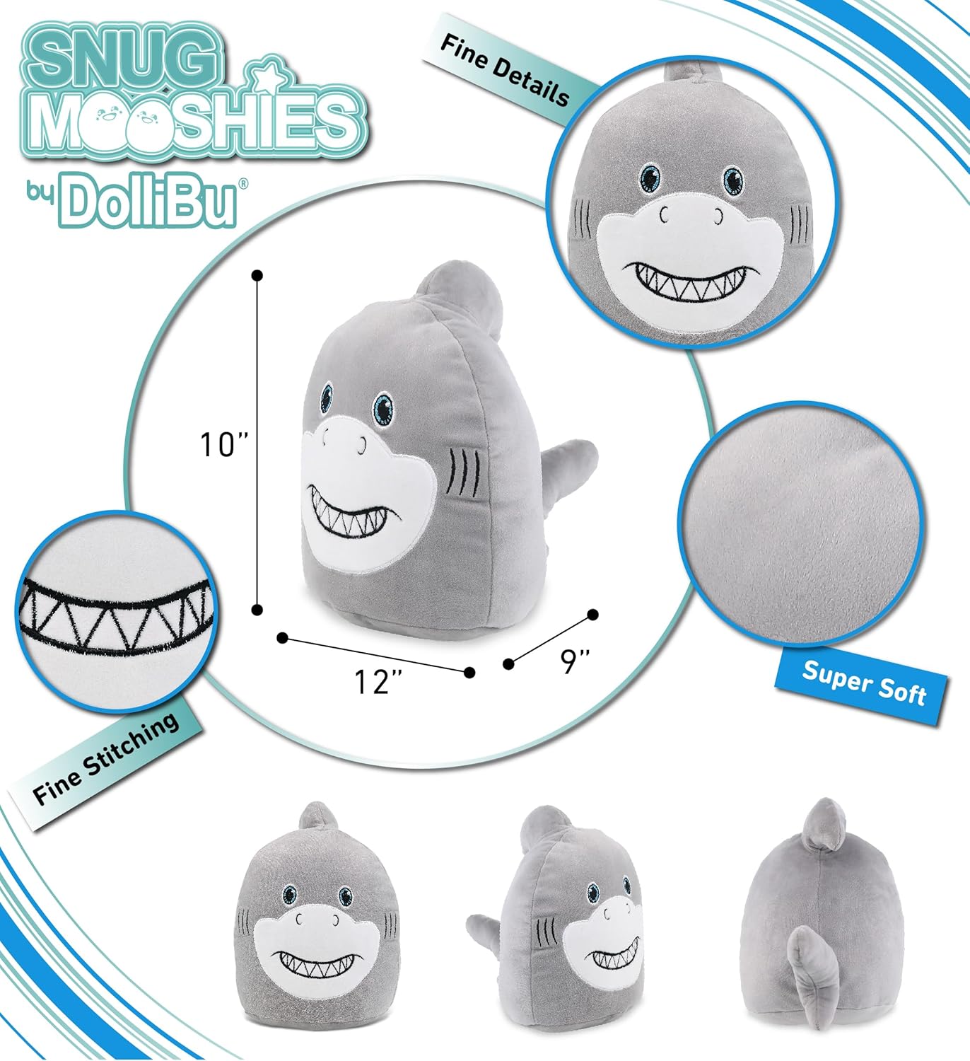 DolliBu Snug-Mooshies Shark Plush 10 Inch