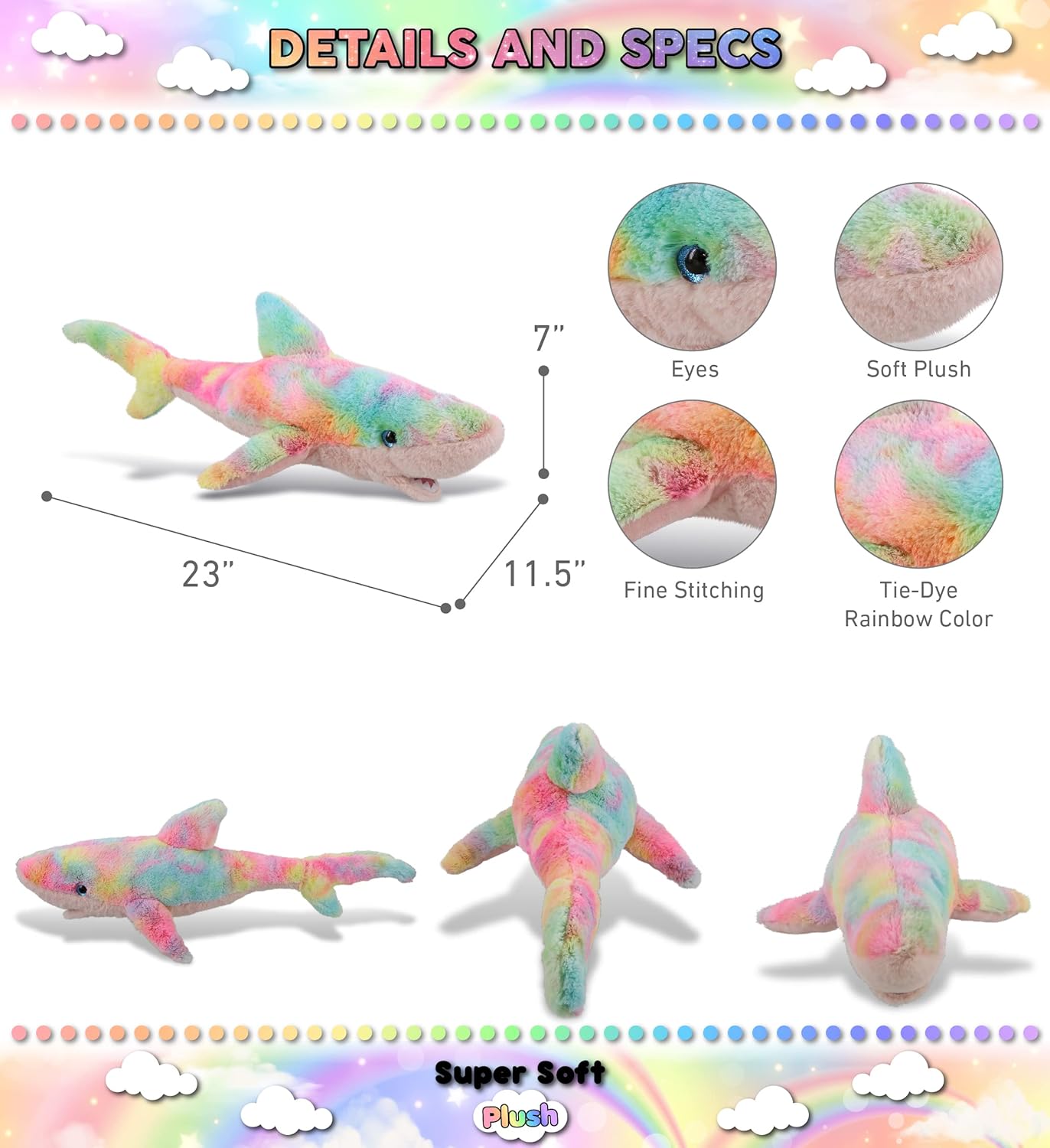 DolliBu Large Rainbow Shark Plush Toy - 23 Inches