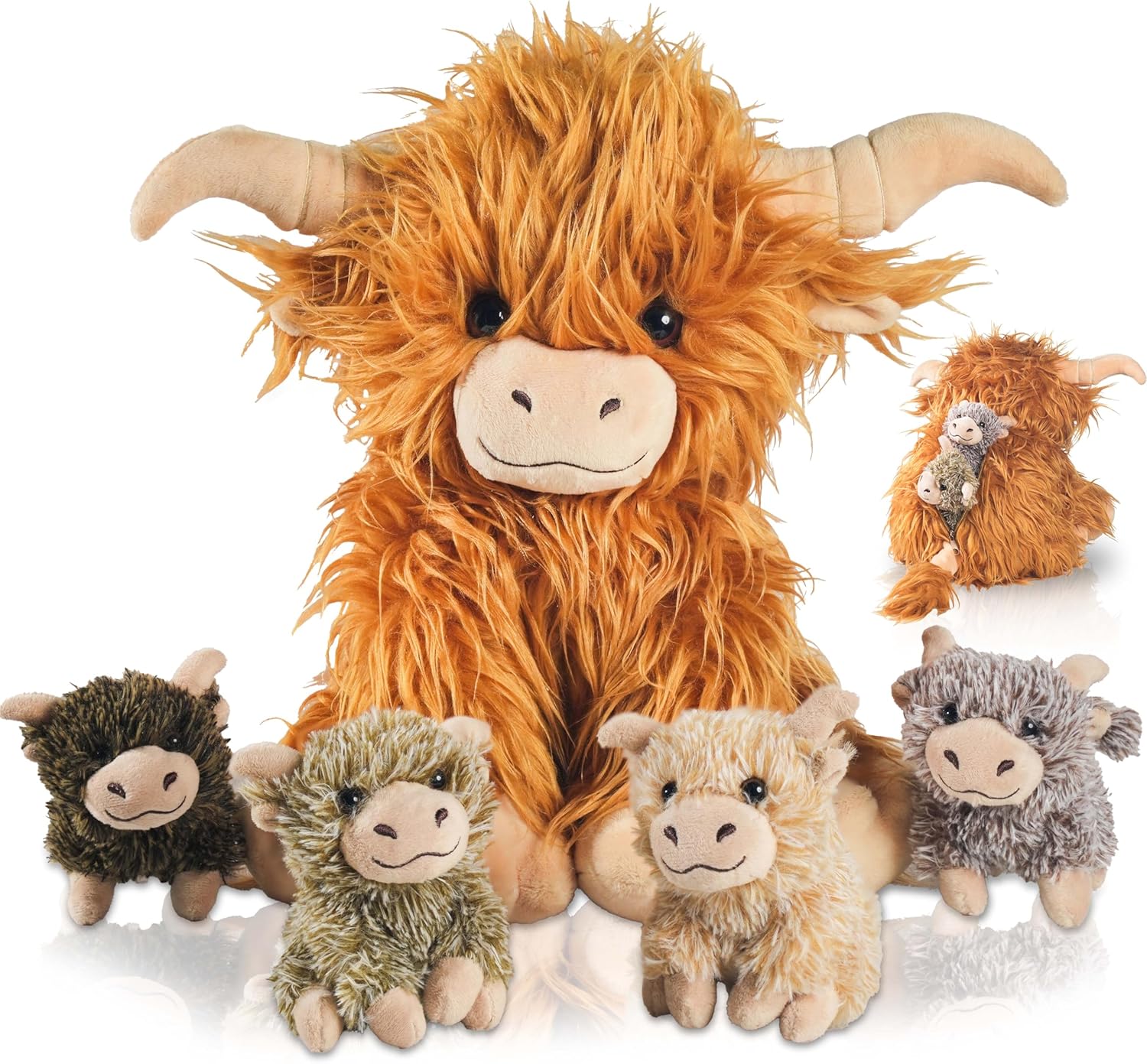 5 Pcs Highland Cow Plush Set with 4 Babies