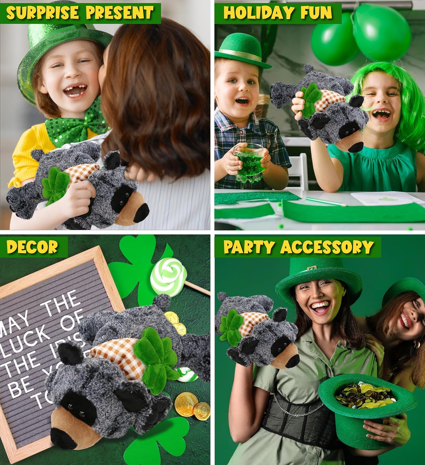 DolliBu 9 Inch Lying Black Bear Plush with Green Shamrock