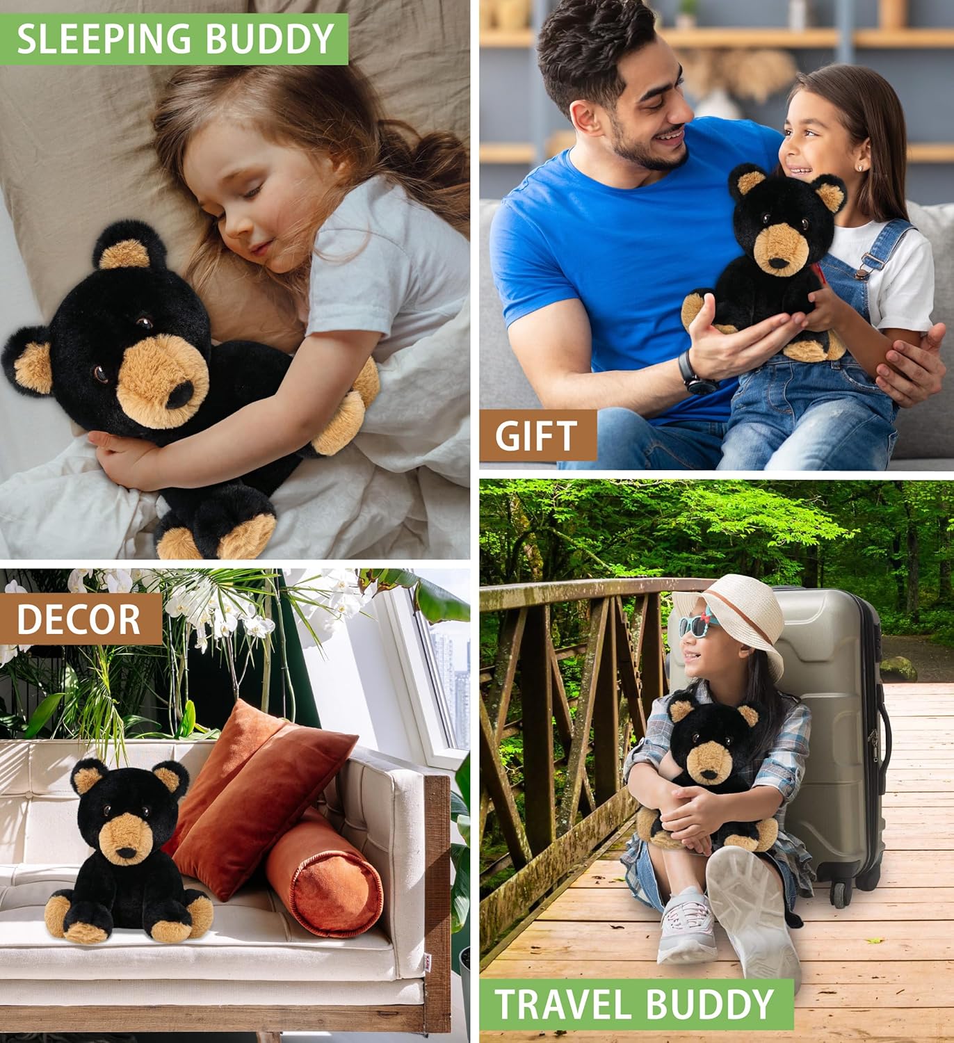 DolliBu Black Bear Plush Toy - 9 Inches Soft Huggable