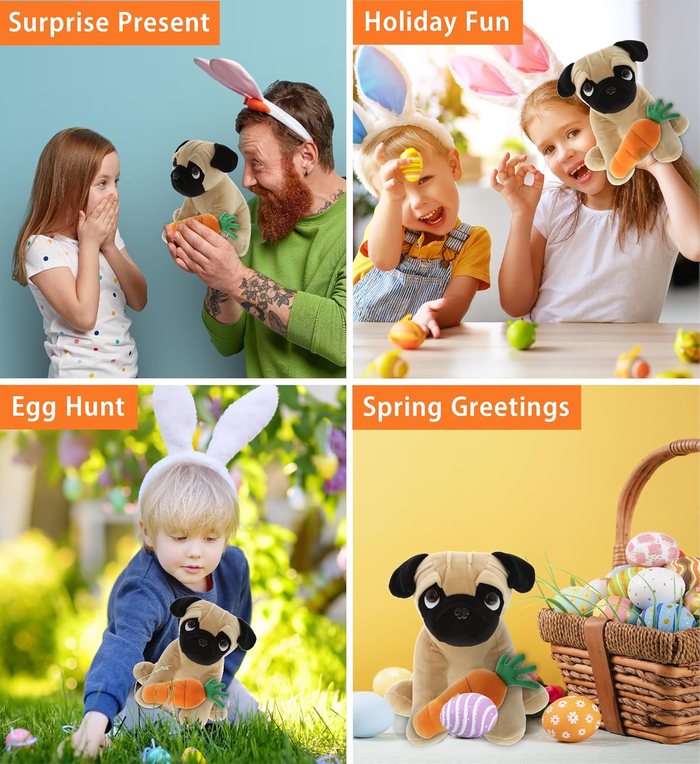 DolliBu Happy Easter Soft Plush Pug Dog with Carrot