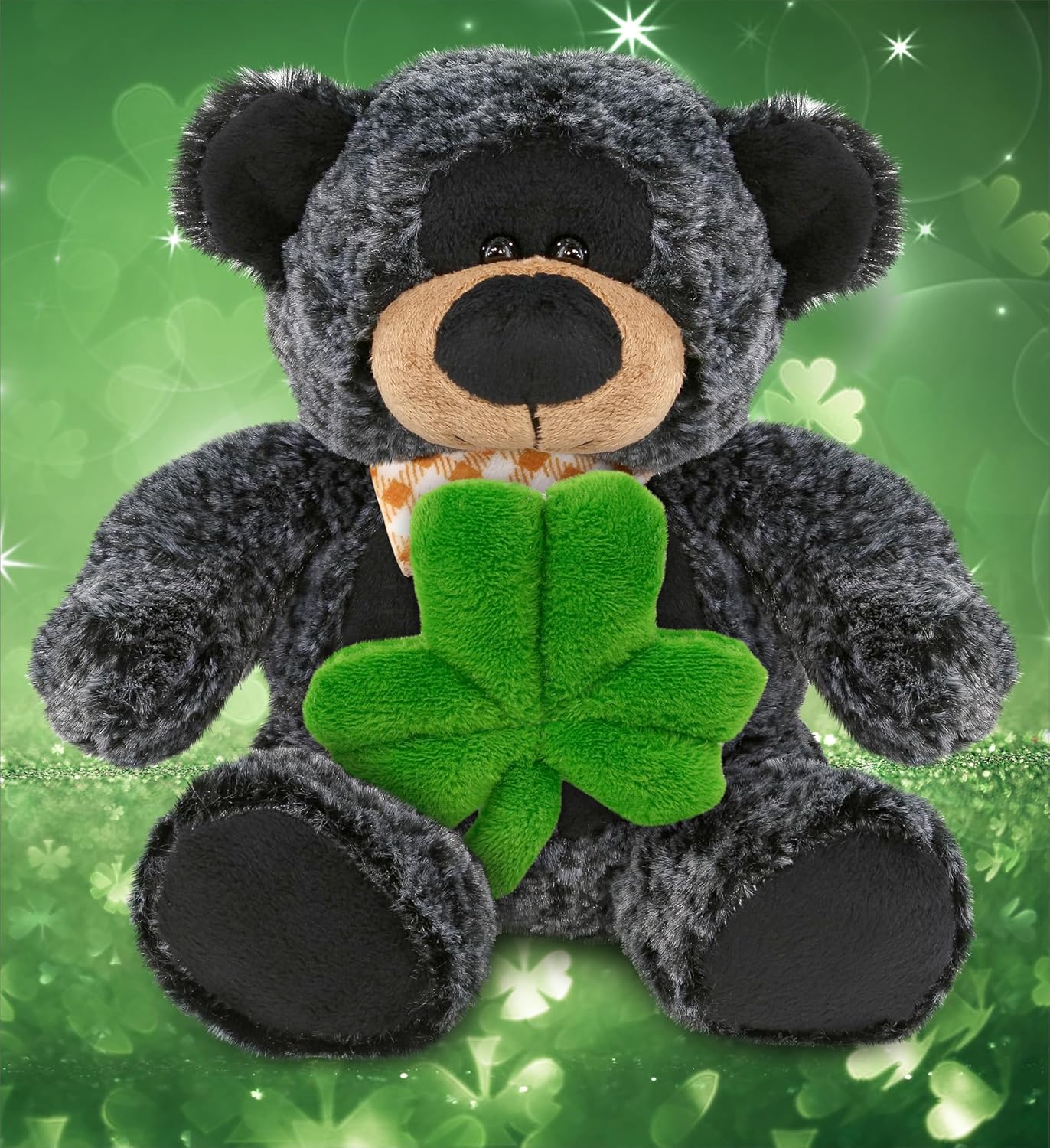 DolliBu 9 Inch Sitting Black Bear Plush with Shamrock
