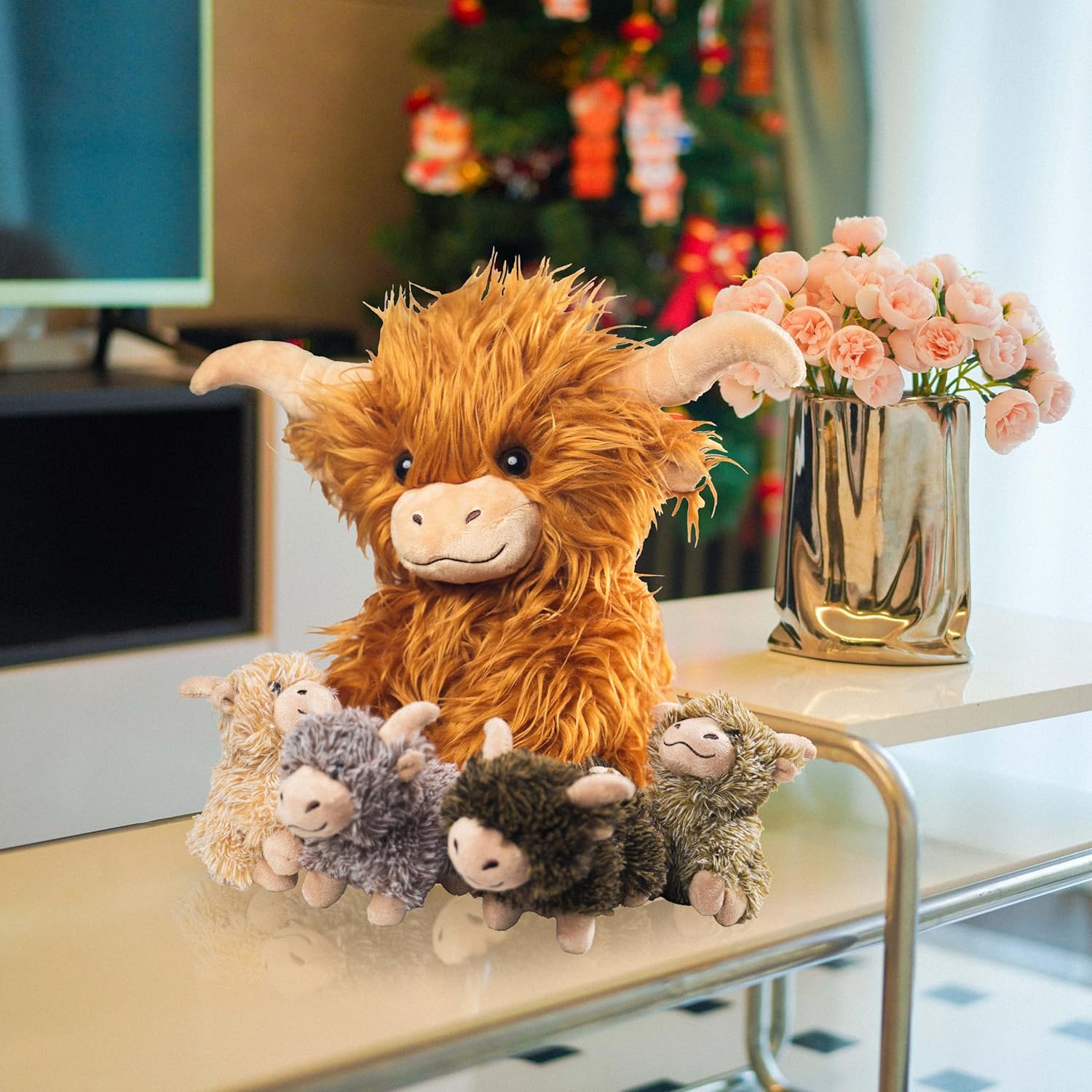 5 Pcs Highland Cow Plush Set with 4 Babies