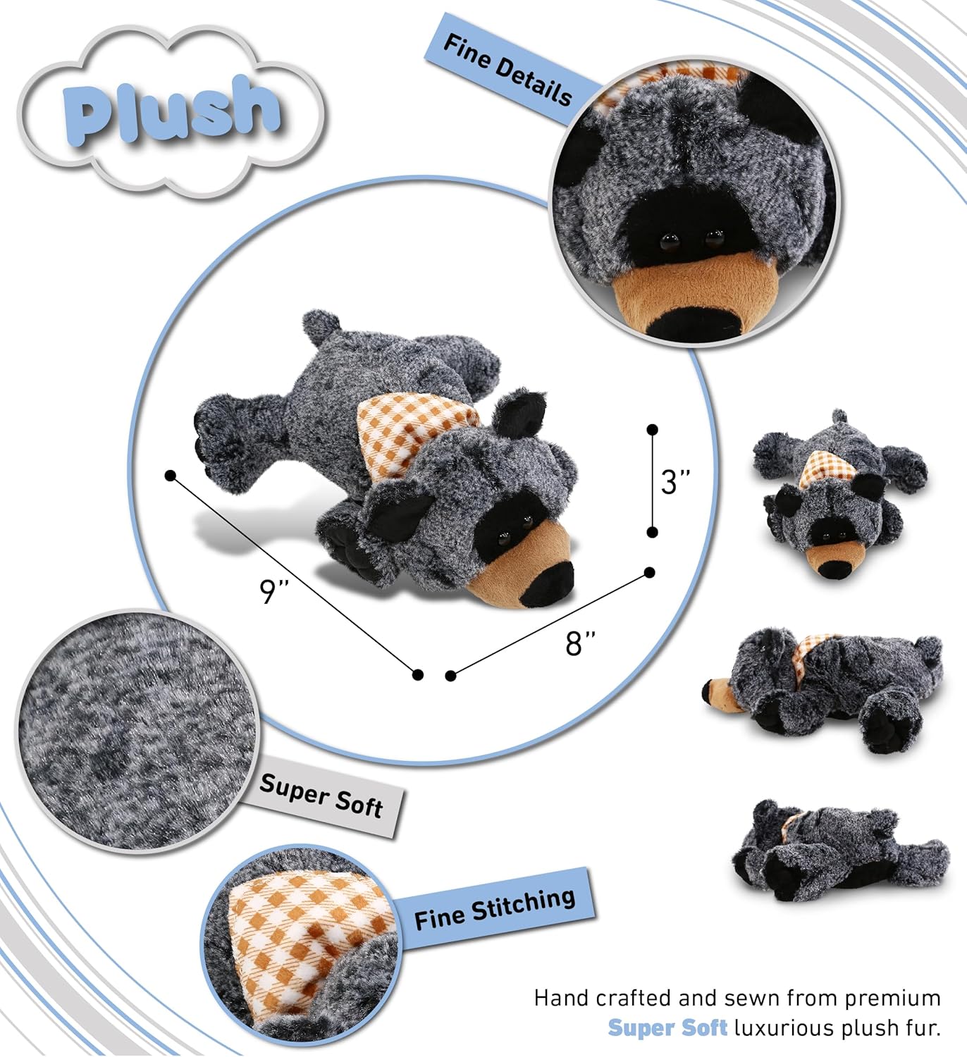 DolliBu Plush Black Bear Stuffed Animal - 9 Inches