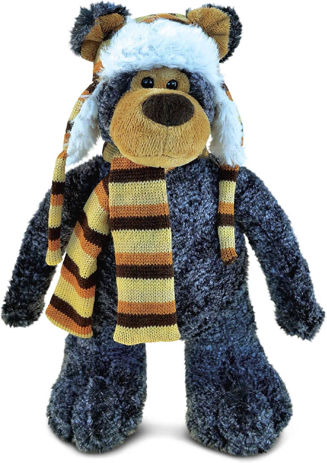 DolliBu Plush Black Bear Stuffed Animal - 11 Inches with Hat and Scarf
