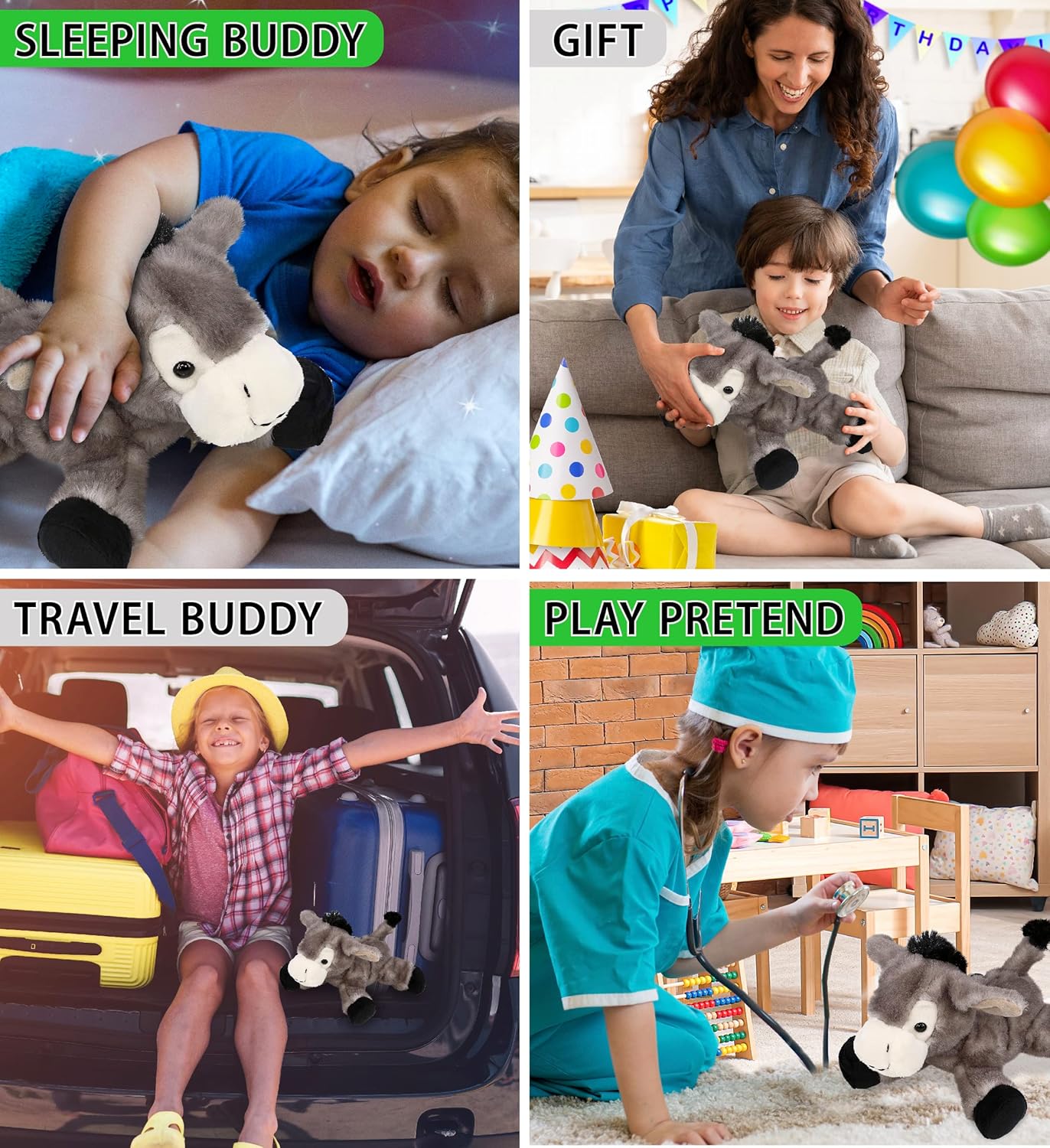 Puzzled DolliBu Laying Donkey Plush - 9 Inch Huggable Grey Stuffed Animal