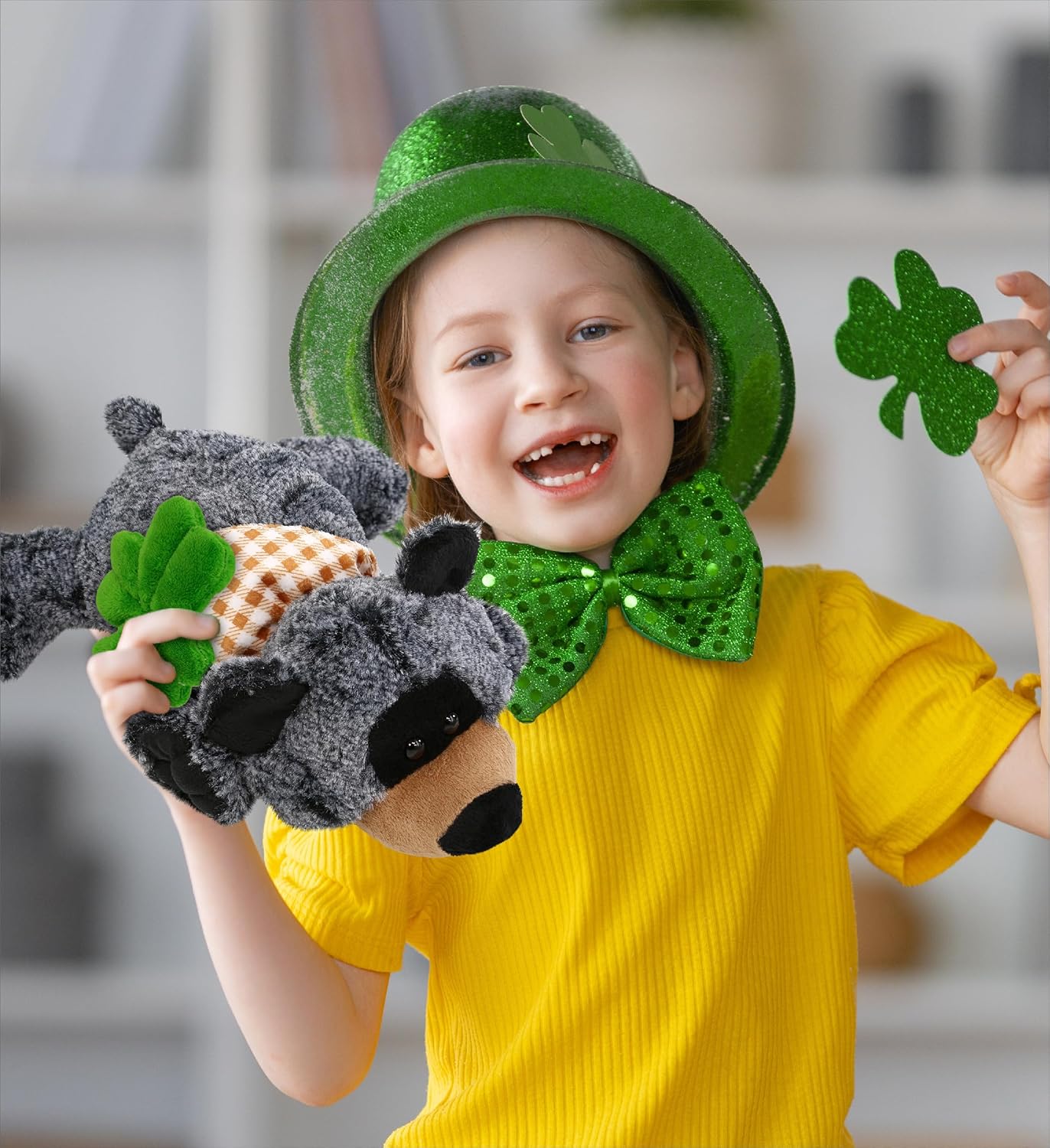 DolliBu 9 Inch Lying Black Bear Plush with Green Shamrock