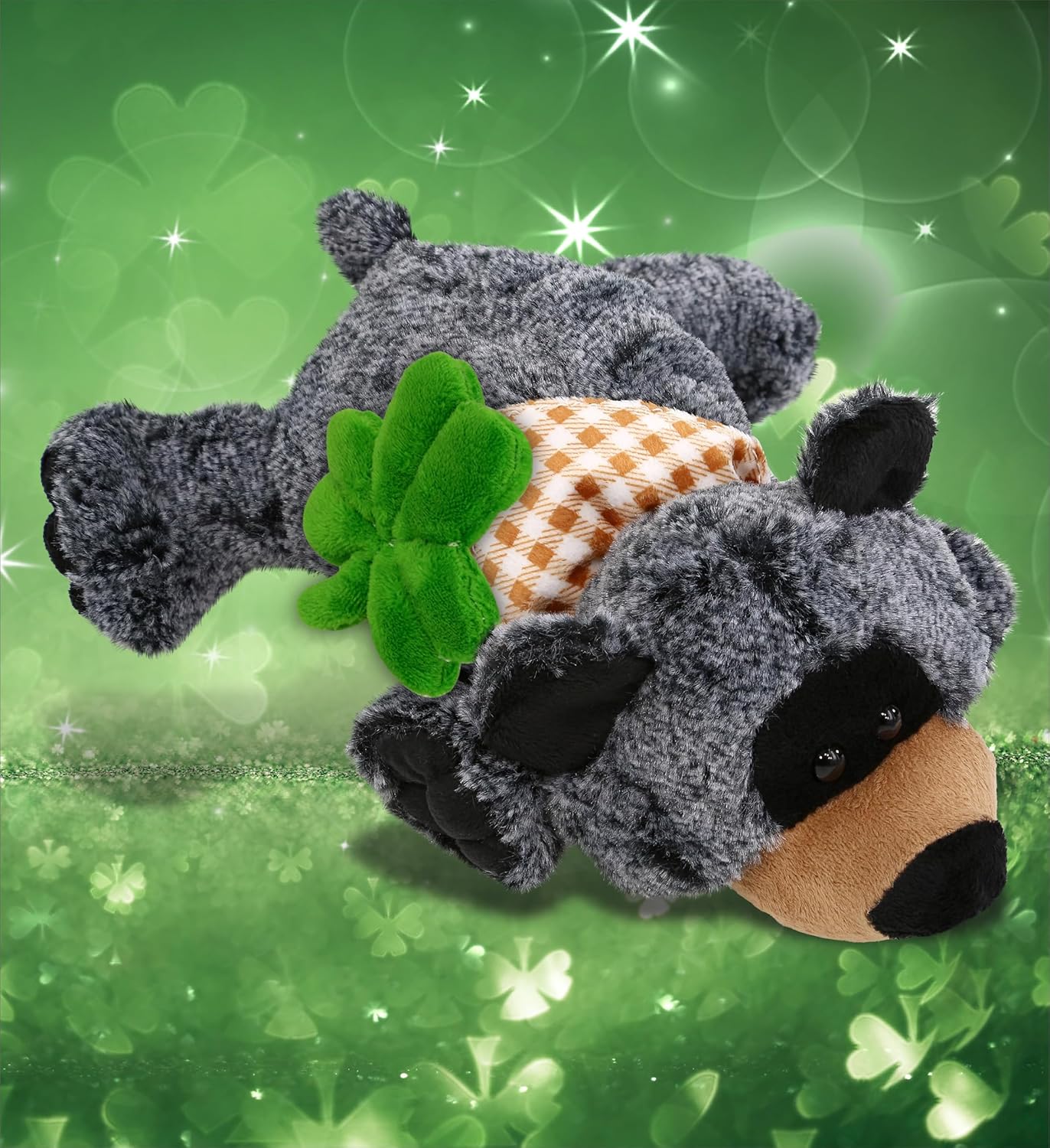 DolliBu 9 Inch Lying Black Bear Plush with Green Shamrock