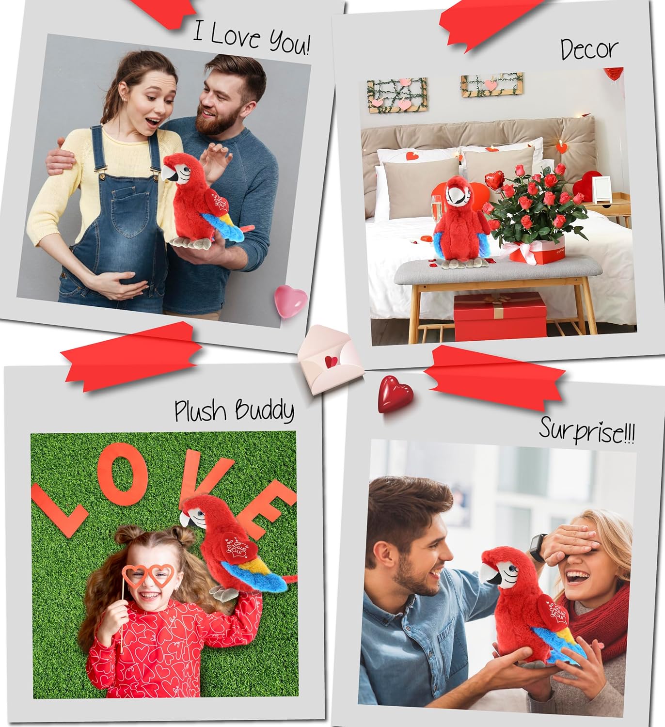 DolliBu I Love You Valentine Red Parrot Plush Toy