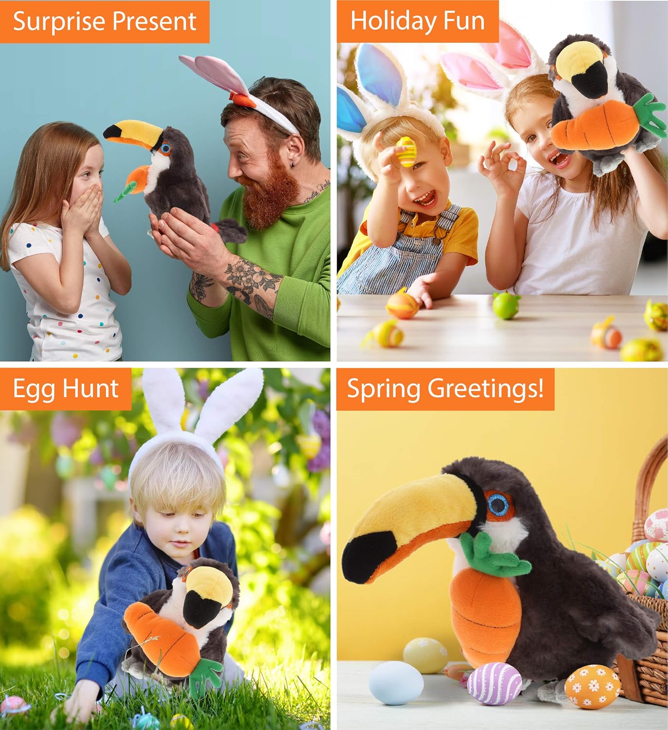 DolliBu Happy Easter Plush Toucan with Carrot - 8 Inch Stuffed Animal