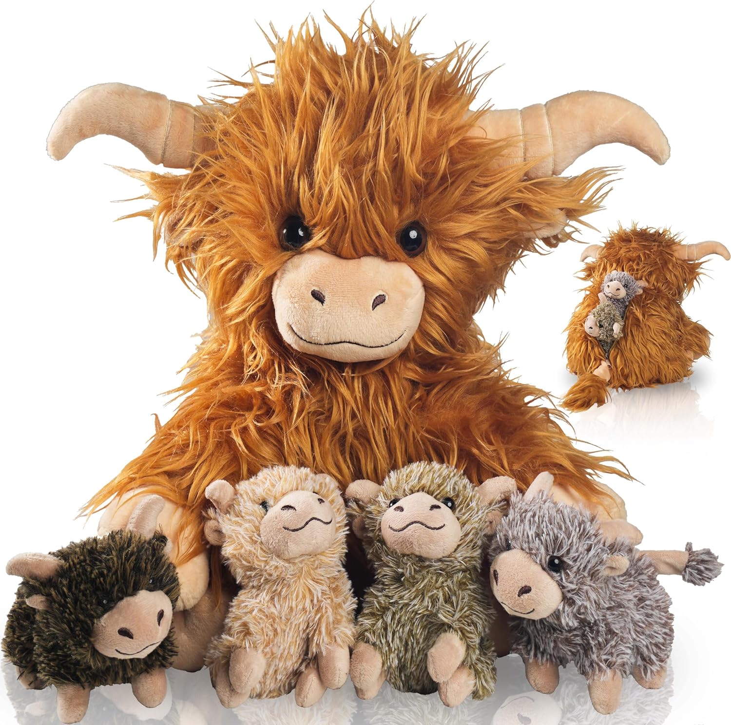 5 Pcs Highland Cow Plush Set with 4 Babies